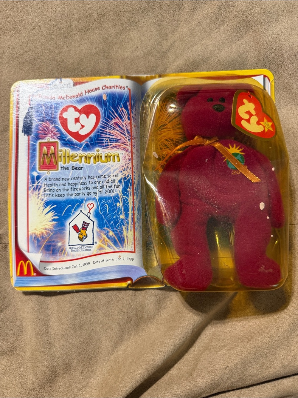 Ty Burgundy Millennium Bear Plush with Gold Ribbon